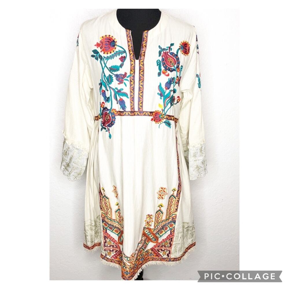 Sana Safinaz cream off white floral embroidered lace trim dress‎ size Medium